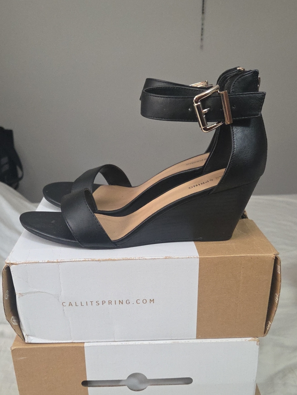 Call It Spring Black Ankle-Strap Wedge Sandals with Gold Buckle